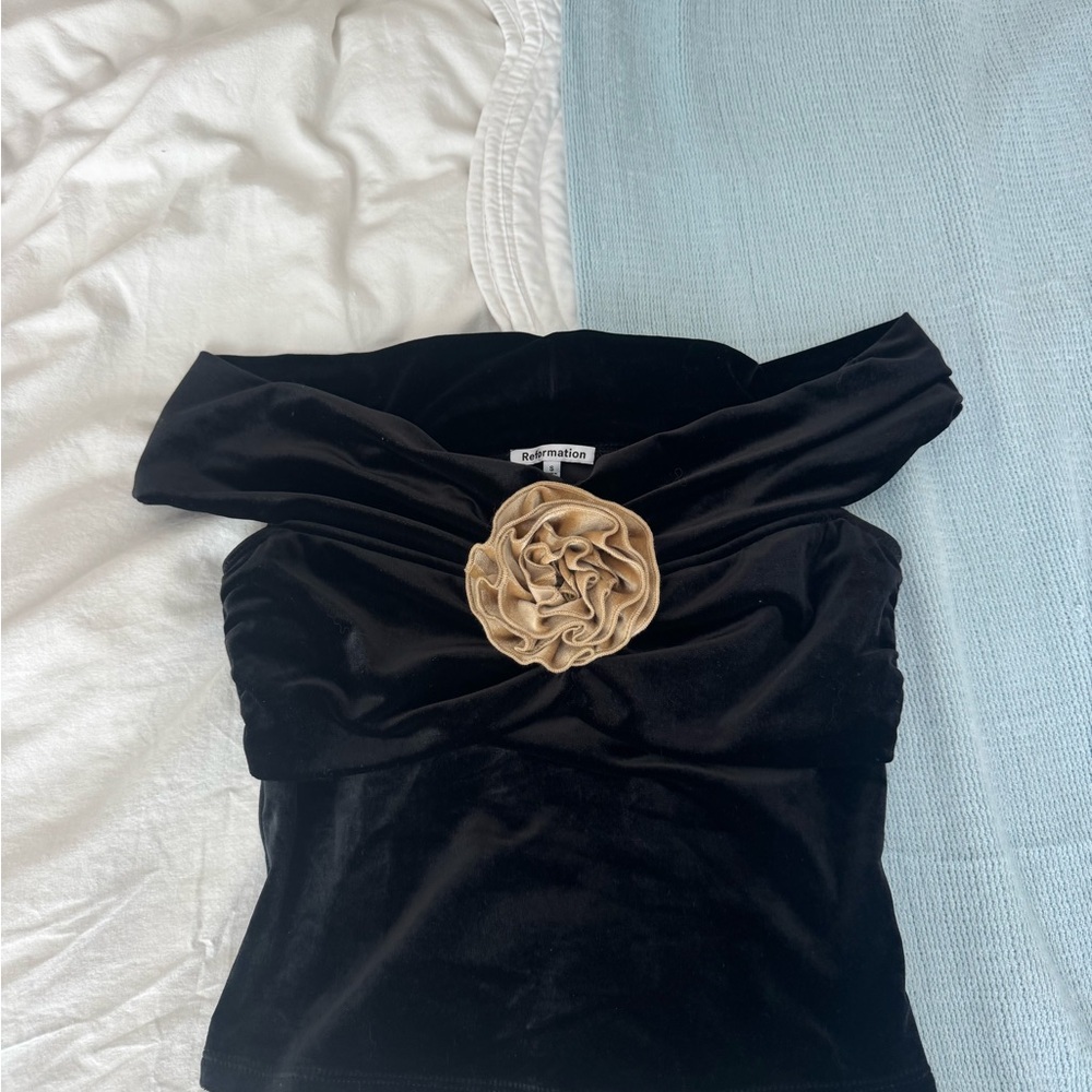 Reformation Black Velvet Off-Shoulder Camisole with Beige Rosette